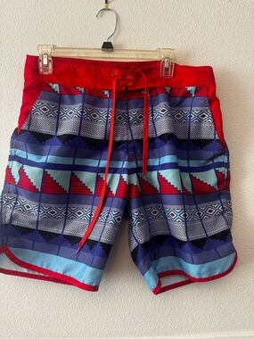 21men Red and Blue Geometric Swim Board Shorts